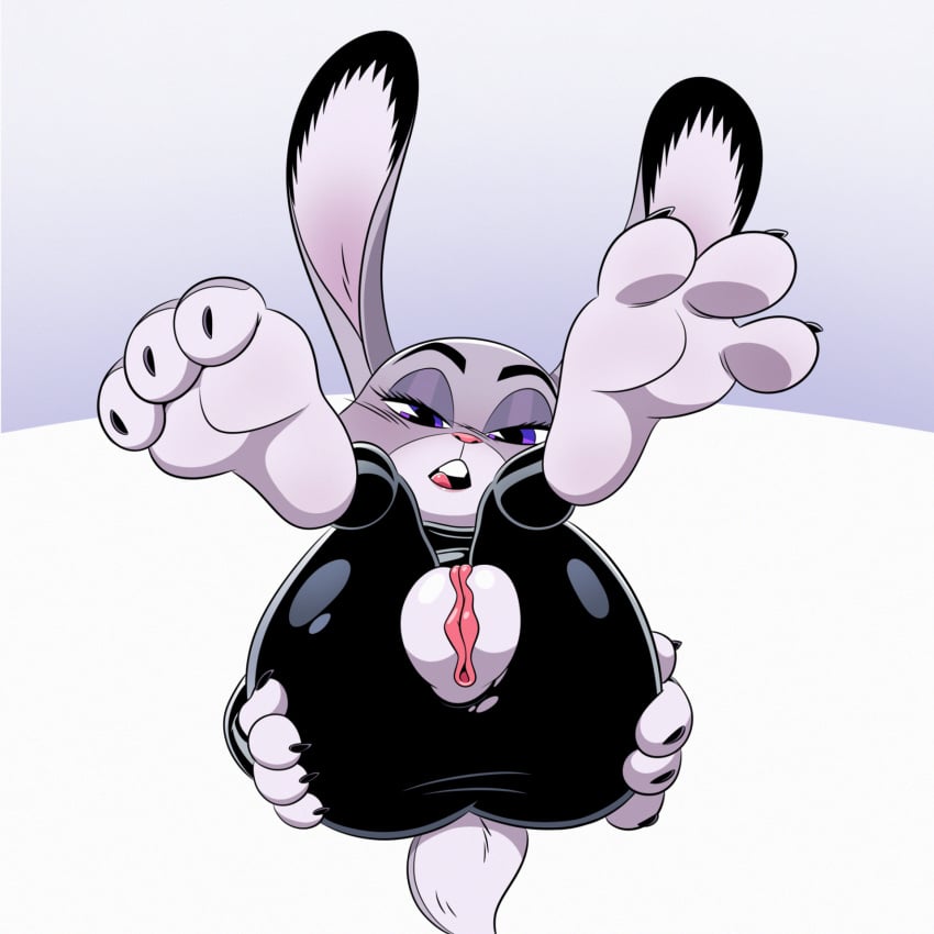 1:1 2023 3_toes anthro clothed clothing deepcreases disney feet female front_view fur furry furry_only genitals grey_body hand_on_butt hi_res judy_hopps lagomorph legs_up leporid licking_teeth long_ears mammal open_mouth presenting presenting_pussy purple_eyes pussy rabbit soles solo tail toes torn_clothing zootopia