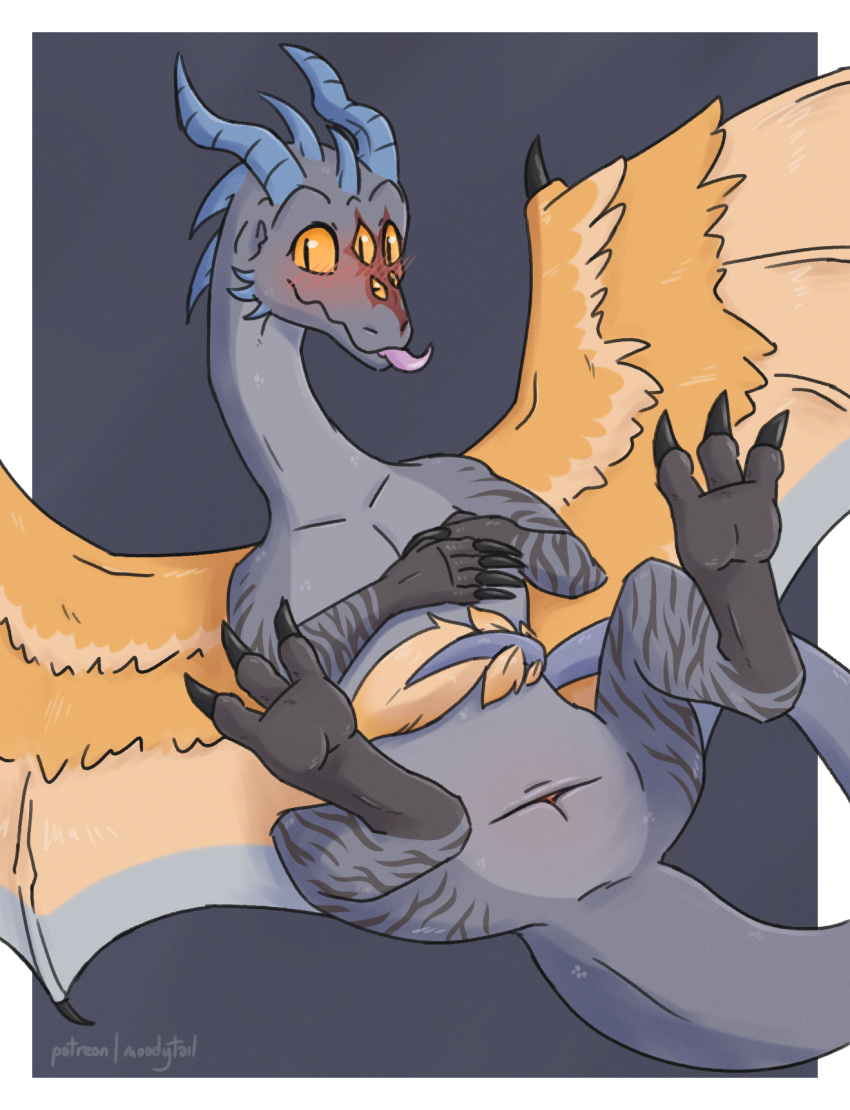 2022 animal_genitalia ass black_body black_scales blue_body blush claws cloaca digital_media_(artwork) digitigrade dragon feathers feet female feral finger_claws fingers front_view full-length_portrait genitals grey_body grey_scales hi_res high-angle_view hindpaw horn inviting legs_up looking_at_viewer lying markings monotone_body monotone_feathers moodytail multi_eye multicolored_body multicolored_scales multitoned_body nude on_back paws presenting pupils reptile scales scalie simple_background smile solo spread_legs spreading tail teasing toe_claws toes tongue tongue_out tuft two_tone_body two_tone_scales wings yellow_body yellow_eyes yellow_feathers