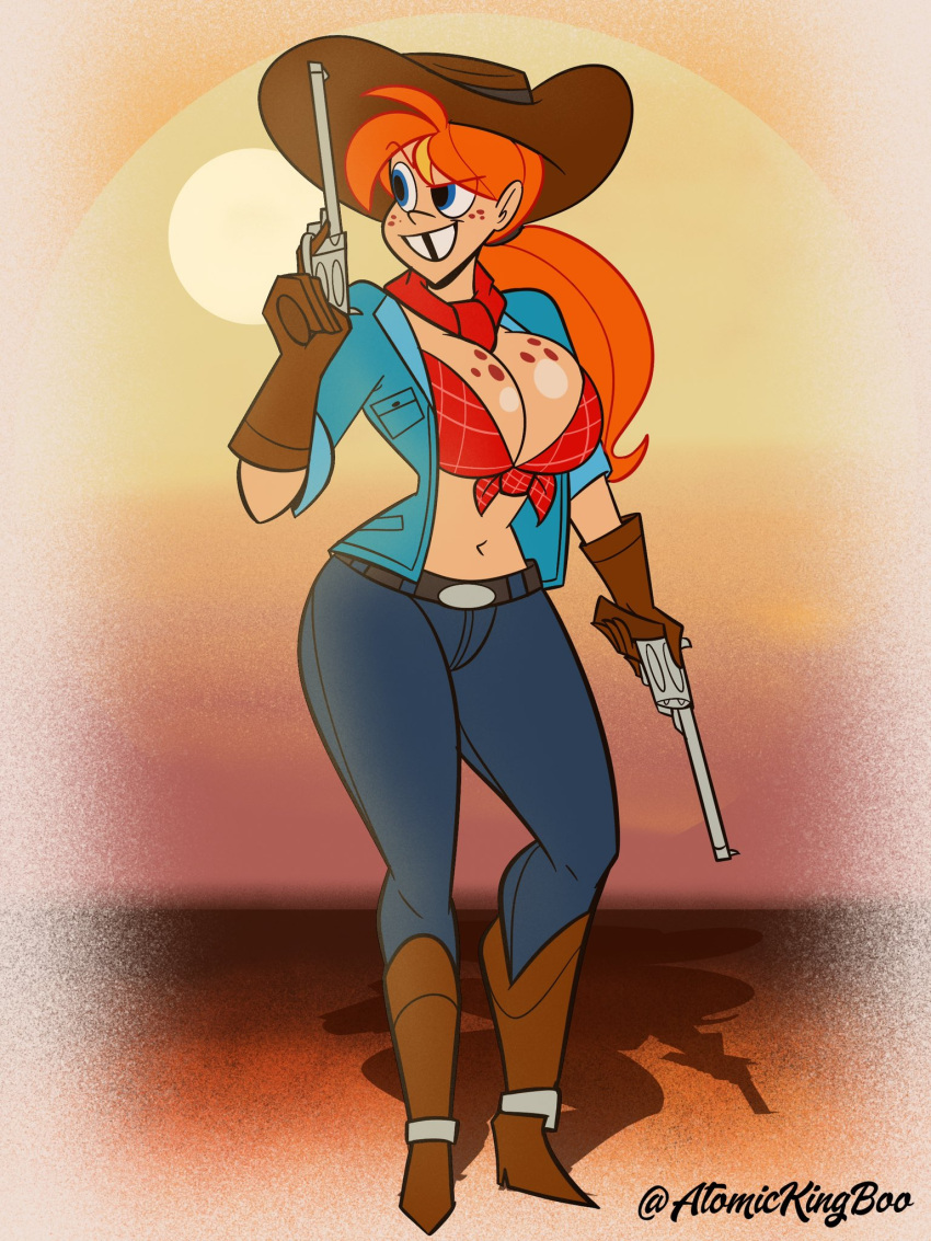 1girls atomickingboo blue_eyes breasts bust busty cowgirl cowgirl_(western) cowgirl_outfit digital_media_(artwork) female freckles hat hips huge_breasts large_breasts legs light-skinned_female light_skin lips long_hair orange_hair original original_character red_hair rudy_roundup thick thighs tooth_gap top_heavy upper_body voluptuous western wide_hips wild_west