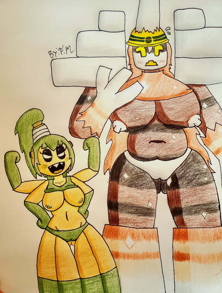 anthro brown_hair chubby_female f.m. garganacl golem green_hair huge_breasts humanoid kyojiohn multi_arm multi_leg multi_limb pokémon_(species) pokemon pokemon_sv shy size_difference spider spidops wanaider wide_hips