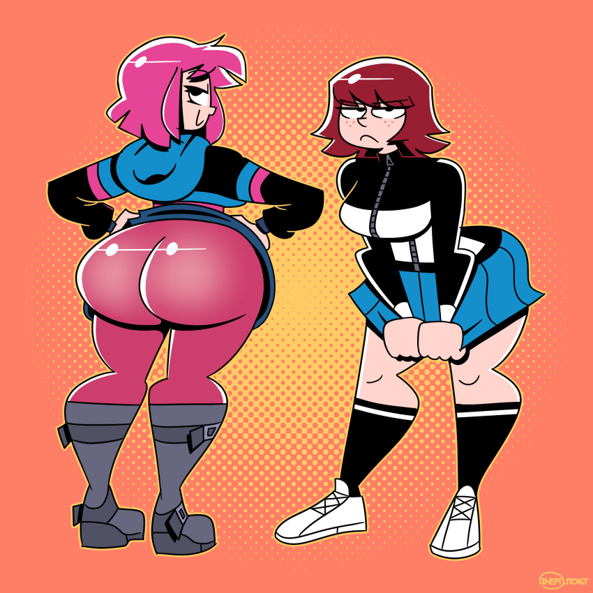 2girls ass big_ass boots bottom_heavy bubble_butt clothing dat_ass fat_ass female female_only hands_on_hips huge_ass ineptoutcast jacket kim_pine large_ass looking_at_viewer looking_back pink_hair ramona_flowers red_hair scott_pilgrim shoes skirt skirt_slip_up thick_ass thick_thighs wide_hips