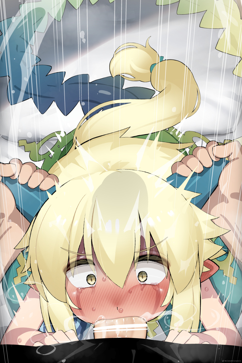 1boy 1girls absurdres bar_censor blonde_hair blush censored cheek_bulge commission coral_(summon_night) crying crying_with_eyes_open deepthroat dress ear_blush erection fellatio female green_dress hair_between_eyes highres horn_grab horns huge_cock long_hair looking_at_viewer mizumizuni nose_blush oral penis pov rape saliva sitting skeb_commission soles solo_focus straight summon_night summon_night_4 sweat tail tears veins veiny_penis wide-eyed yellow_eyes