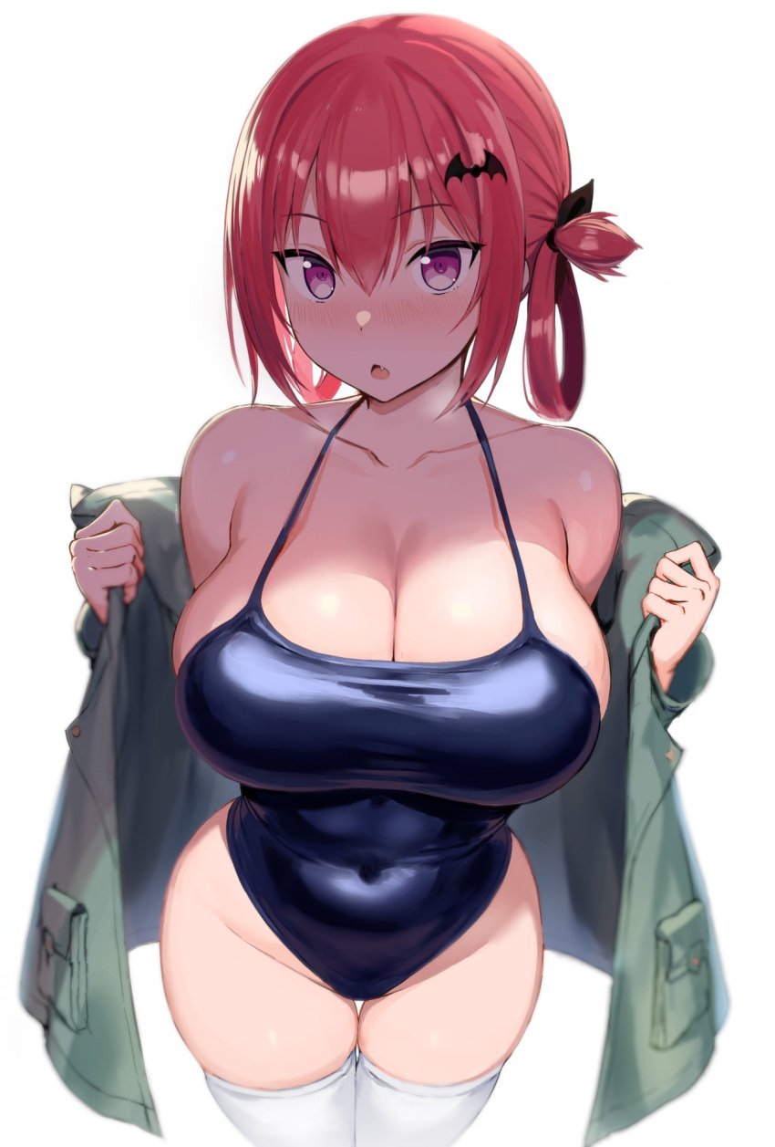 1girls big_breasts blue_swimsuit blush blushing_at_viewer cleavage gabriel_dropout greatmosu hair_ornament huge_breasts jacket kurumizawa_satanichia_mcdowell large_breasts looking_at_viewer open_mouth purple_eyes red_hair school_swimsuit stockings swimsuit thick_thighs thigh_gap undressing voluptuous wide_hips