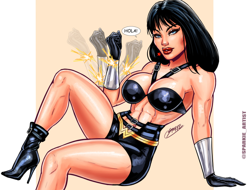 1girls abs absurdres alternate_costume alternate_version_available amazon artist_name artist_signature biceps big_breasts biker_shorts black_boots black_bra black_clothing black_gloves black_hair black_shorts blocking blue_eyes bracelets bullets cleavage dc dc_comics dialogue dialogue_bubble diana_prince ear_piercing female female_focus female_only fully_clothed hand_on_ground high_heel_boots highres hola leather_boots leather_bra leather_clothing leather_gloves leather_shorts light-skinned_female long_hair looking_at_viewer navel pierced_ears pose red_lips sitting skimpy skimpy_clothes smile smiling smiling_at_viewer solo solo_female solo_focus spanish_text sparkietheartist star_earrings text text_bubble thick_thighs tiara wide_hips wonder_woman wonder_woman_(series)