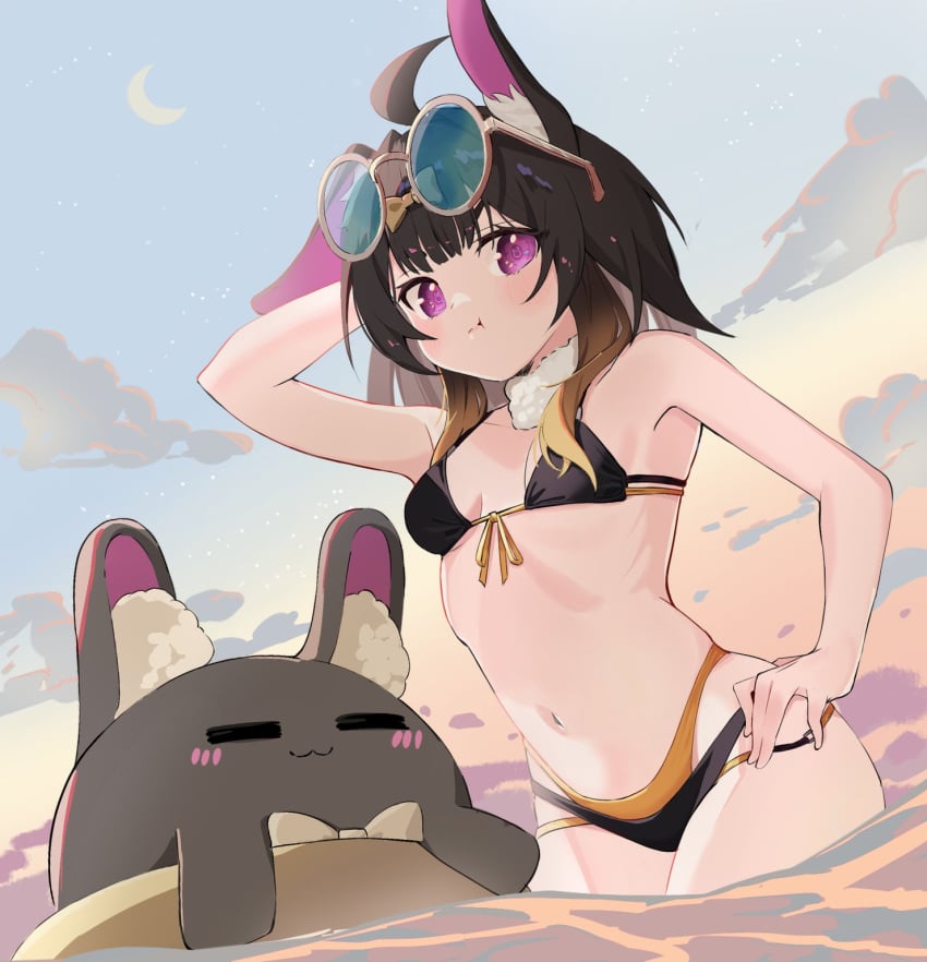 1girls :t ahoge animal_ears bare_midriff bare_shoulders belly_button bikini black_bikini black_hair bunny bunny_ears bunny_girl crescent crescent_moon exposed_shoulders exposed_torso female fluffy_ears glasses glasses_on_head gradient_hair hair_ribbon hand_on_hip indie_virtual_youtuber light_blush looking_at_viewer midriff moon navel nemusagi petite pout purple_eyes rabbit rabbit_ears rabbit_girl rei_mii1 ribbon round_glasses small_breasts solo solo_female swimsuit swimwear tummy two_tone_bikini two_tone_hair virtual_youtuber water yellow_bikini yellow_hair