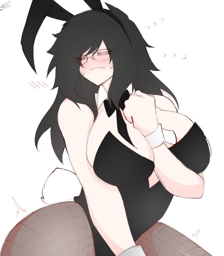 2d 2d_(artwork) arm_across_chest bare_arms black_hair blush bowtie bunny_ears bunny_tail bunnysuit closed_eyes dani_(shiirano) fist frown glasses imnotshiira_(artist) large_breasts looking_away movement_lines nervous pale_skin shiirano shiirano_(shiirano) shirt_collar suggestive_look sweat tagme thick_thighs wide_hips wrist_cuffs