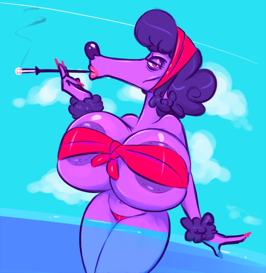 anthro breasts canine canine cigarette female female female_only huge_boobs huge_breasts poodle renee_(kmorrisoncartoons) smoking smutbooru solo solo_female