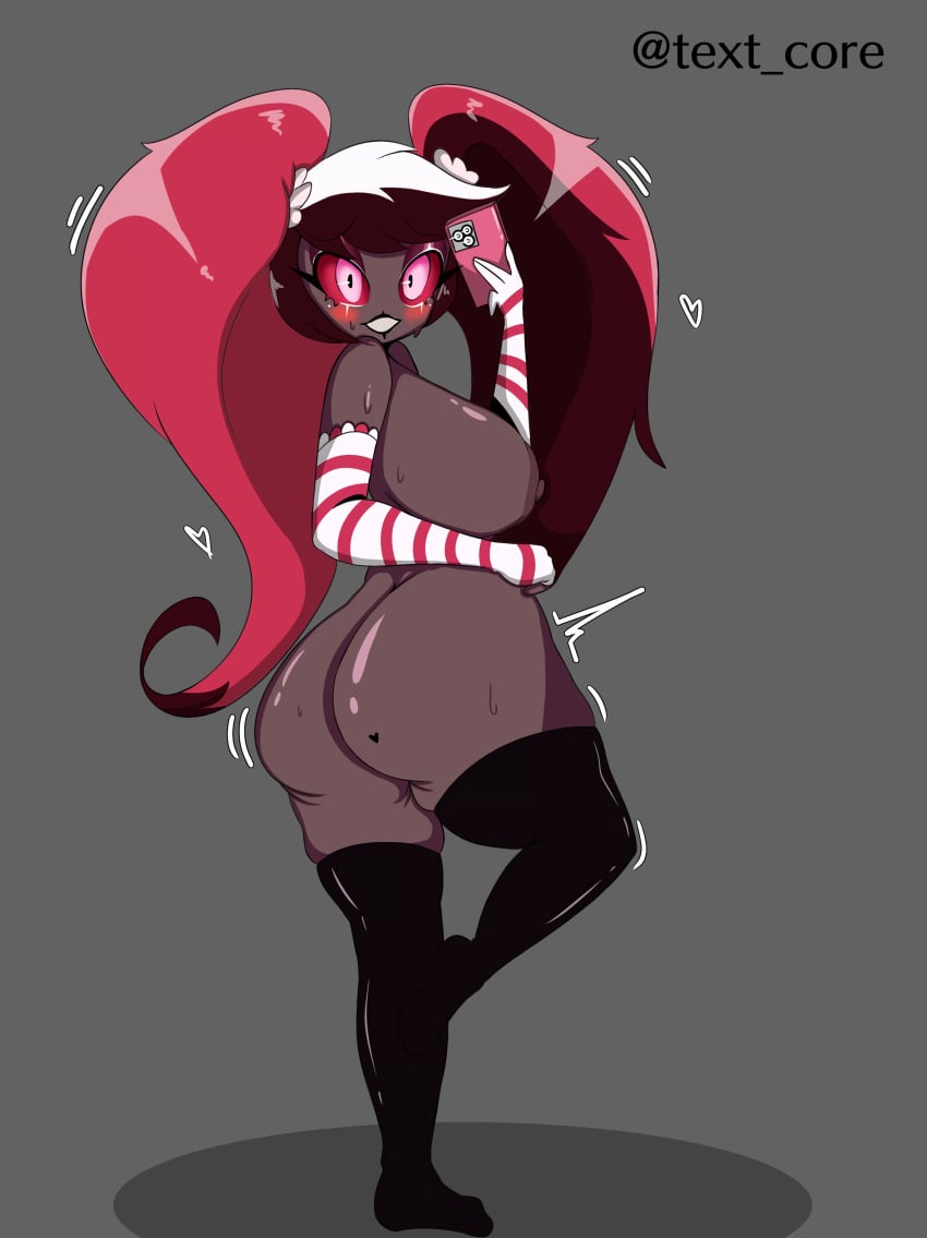 big_ass big_breasts blush dark-skinned_female dark_skin female hazbin_hotel looking_at_viewer multicolored_hair nervous nervous_smile phone red_sclera sweat tagme textcore velvette_(hazbin_hotel) velvette_old_design