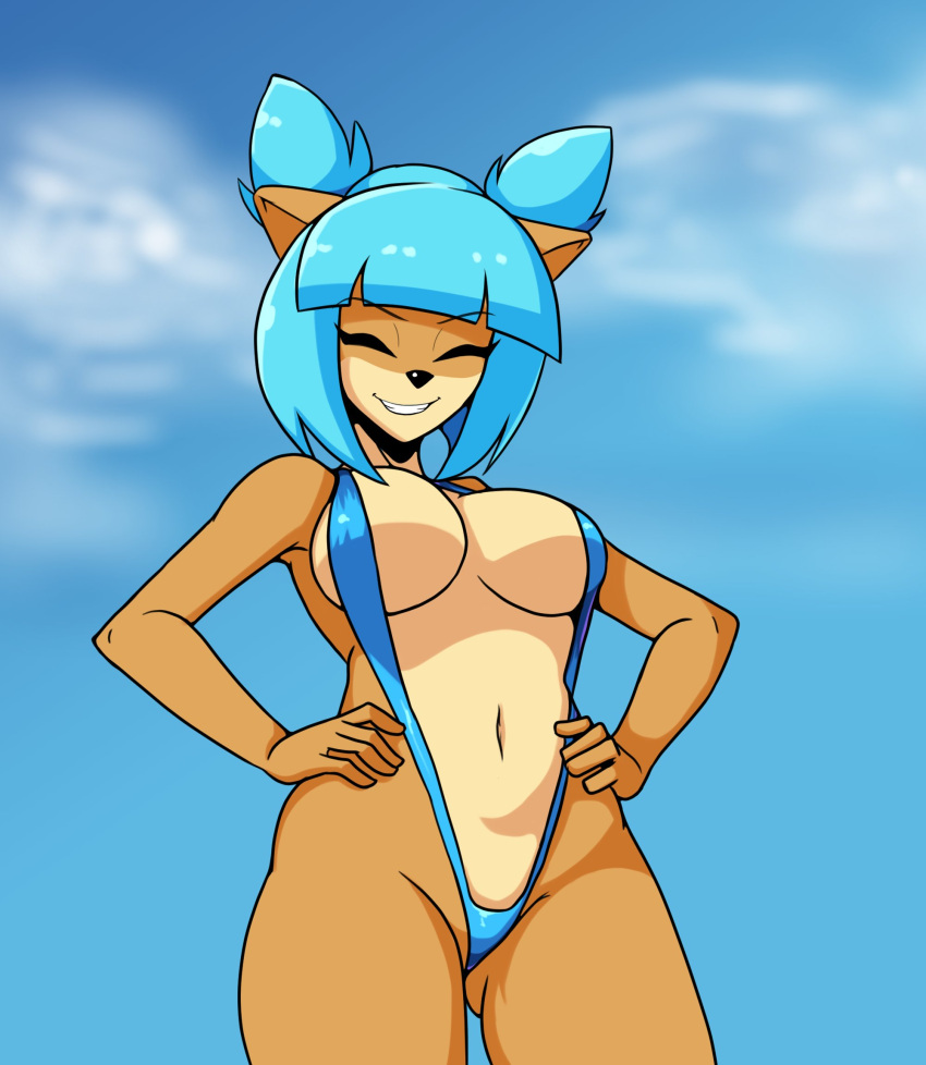 1girls anthro anthro_only bandicoot big_breasts blue_hair breasts busty cleavage closed_eyes crash_(series) female female_only grin hands_on_hips iggy-bomb large_breasts legs megumi_bandicoot navel pose posing sensual sling_bikini slingshot_swimsuit smile thighs voluptuous