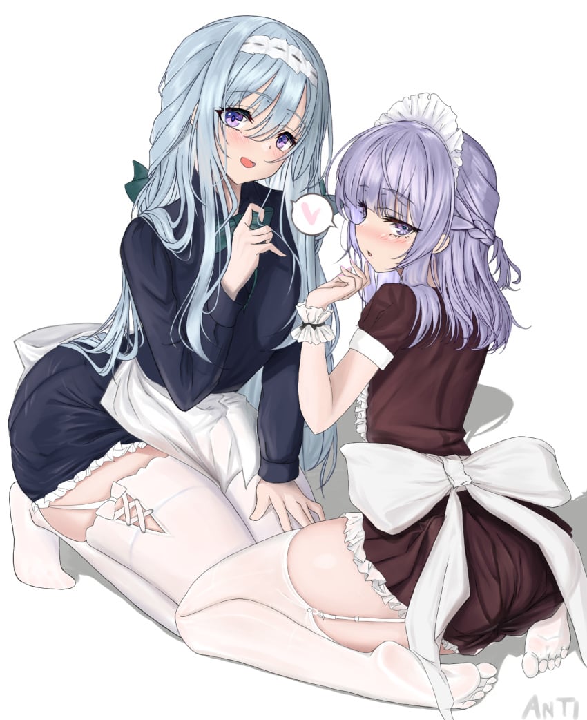 2023 2girls blue_hair classroom_of_the_elite eye_open eyes eyes_open eyes_opened female hair heart maeken_1021 maid maid_apron maid_dress maid_headdress maid_outfit maid_uniform no_balls no_male_nipples no_male_underwear no_penetration no_penis open_eyes pink_heart purple_eye purple_eyes sakayanagi_arisu shiina_hiyori violet_eye violet_eyes youkoso_jitsuryoku_shijou_shugi_no_kyoushitsu_e