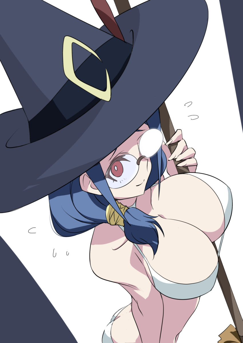 1girls big_breasts bikini blue_hair breasts broom closed_mouth female flying_sweatdrops glasses hat huge_breasts little_witch_academia long_hair looking_at_viewer older_female red_eyes simple_background smile solo swimsuit teacher tokiani ursula_callistis white_background white_bikini witch witch_hat