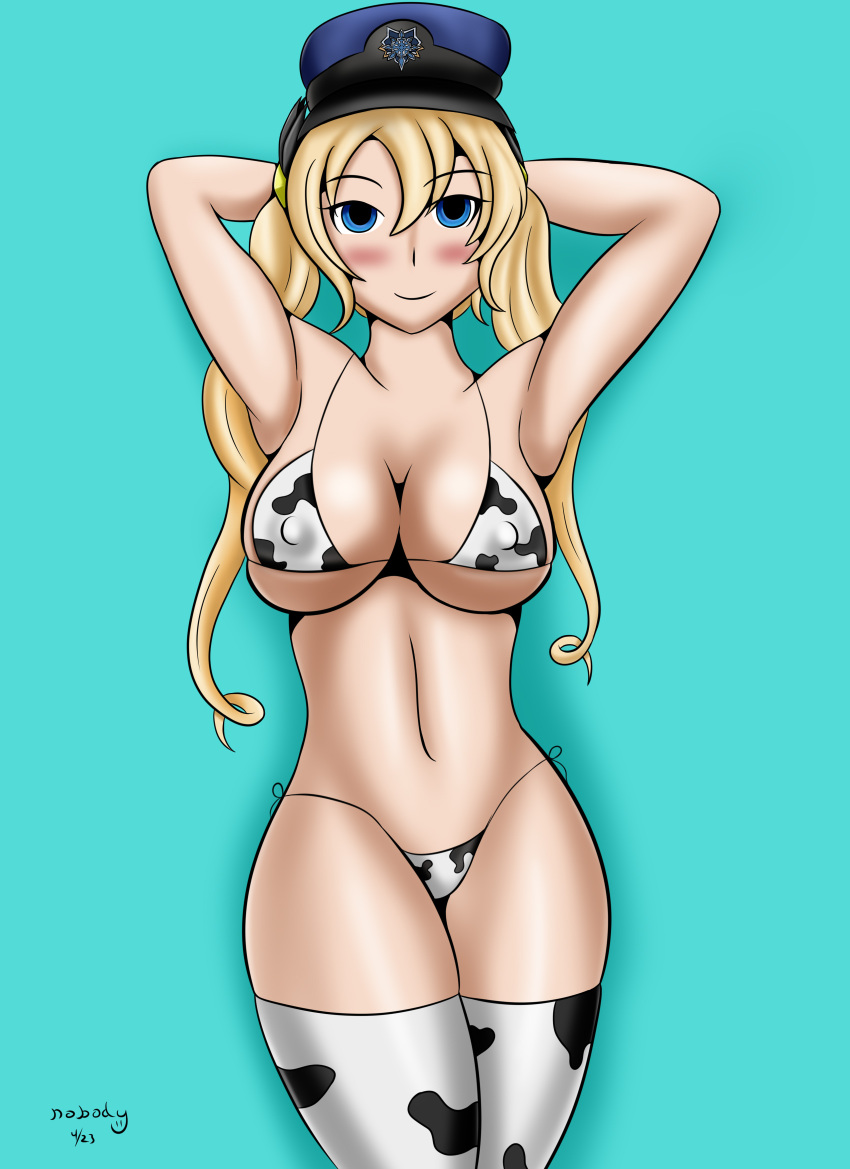 1girls armpits arms_behind_head artist_name big_breasts blonde_hair blue_background blue_eyes busty chaos_gerda_(grimms_notes) child_bearing_hips cleavage cow_bikini female female_only gerda_(grimms_notes) grimms_notes large_breasts legs looking_at_viewer navel nobody_(artist) pose posing smile thick_thighs thighs twintails voluptuous