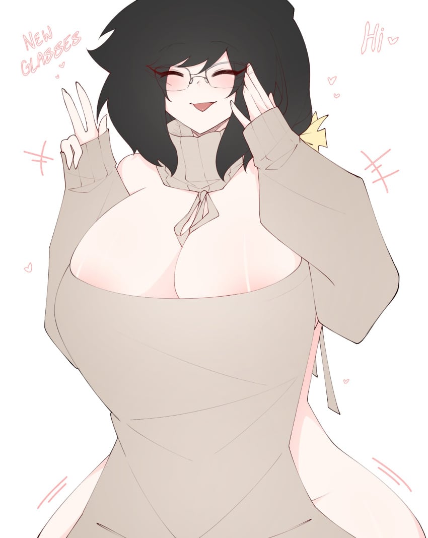 2d 2d_(artwork) areolae black_hair cleavage cleavage_cutout dani_(shiirano) glasses heart imnotshiira_(artist) large_breasts movement_lines pale_skin peace_sign shiirano shiirano_(shiirano) smile solo_female suggestive_look sweater tagme thick_thighs tongue_out wide_hips