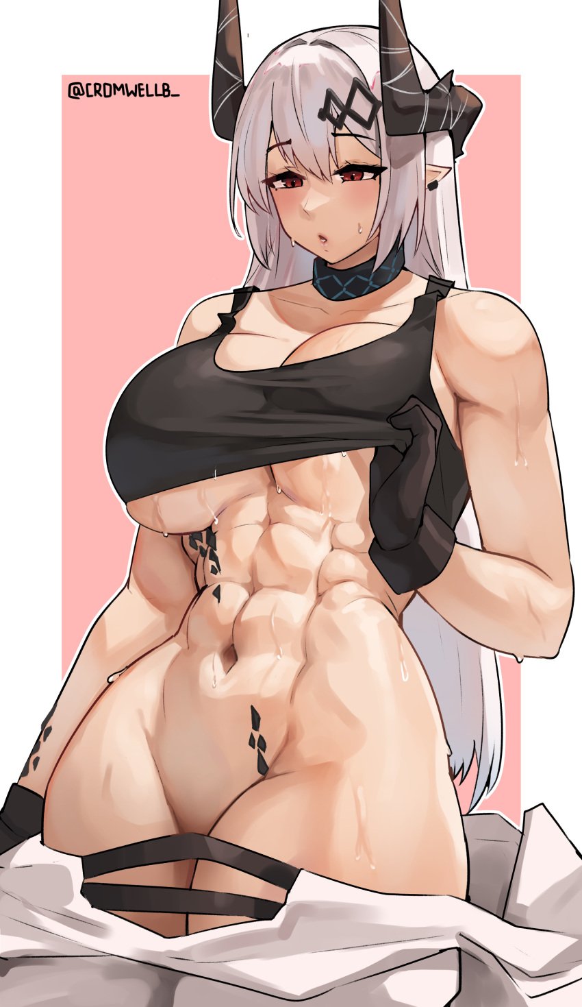 1girls abs absurdres alternate_muscle_size arknights black_gloves black_tank_top bottomless breasts convenient_censoring cromwellb female gloves highres horns large_breasts light-skinned_female light_skin long_hair mudrock_(arknights) muscular muscular_female navel pointy_ears red_eyes solo sweat tank_top twitter_username underboob white_hair