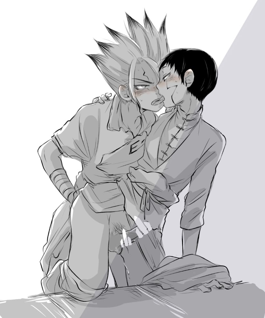 2boys anal anal_sex asagiri_gen bareback blush censored dr.stone from_behind gay gray_background ishigami_senku kissing male_focus male_only male_pubic_hair monochrome pubic_hair short_hair skinny spiked_hair teenager tongue_kiss white_background yam_(redjest) yaoi young