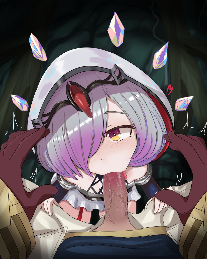 1boy 1girls bare_thighs breasts fellatio female female_focus fire_emblem fire_emblem_heroes from_above gloves hair_over_one_eye hood kiran_(fire_emblem) kiran_(fire_emblem)_(male) kvasir_(fire_emblem) licking licking_penis looking_up male male_pov messy multicolored_hair nintendo oral penis_licking pink_hair pov shincito skirt small_breasts solo_focus thighs tongue tongue_out yellow_eyes