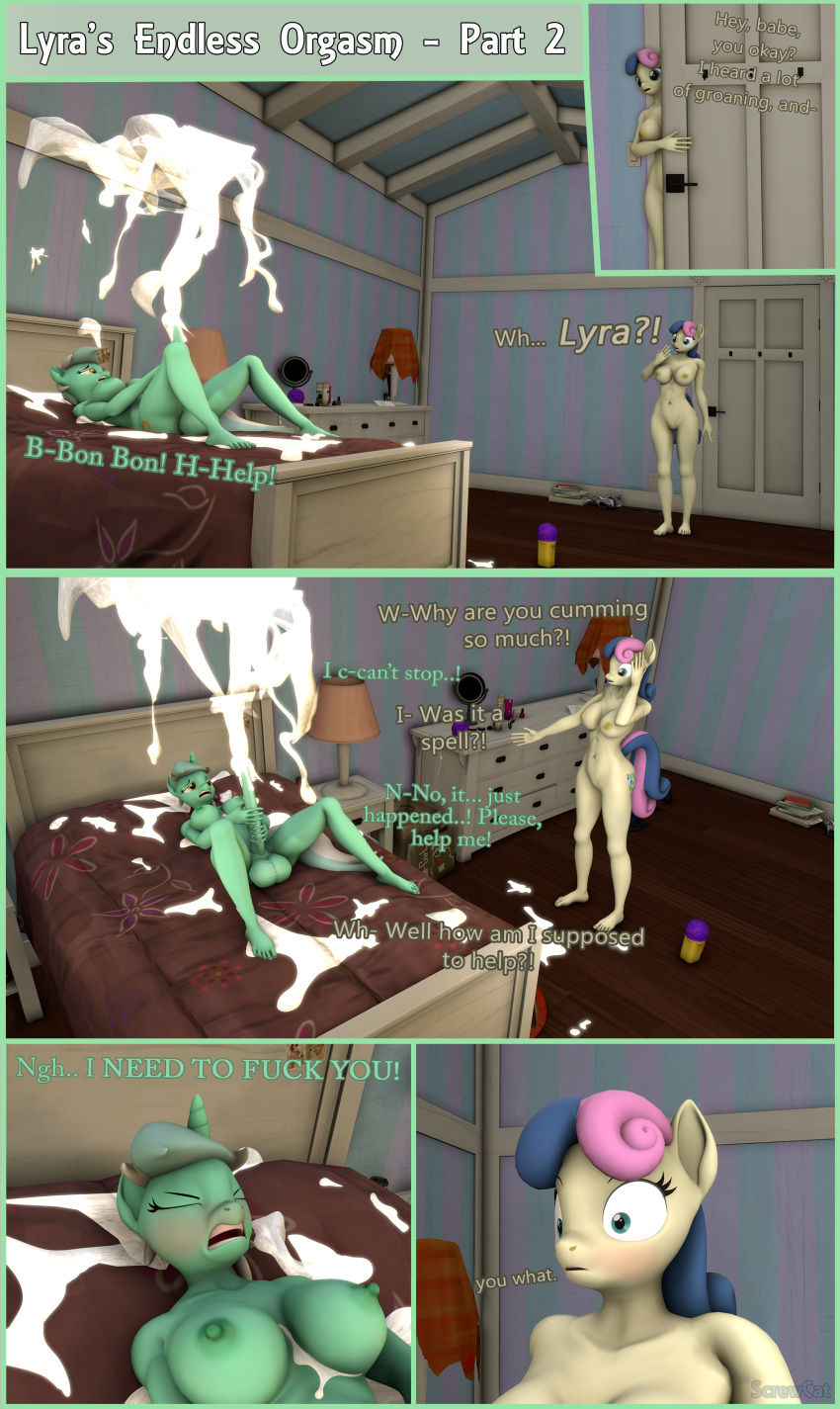 1futa 1girls anthro bed bedroom bonbon_(mlp) comic cum dialogue earth_pony female friendship_is_magic futanari horsecock horsecock_futanari lyra_heartstrings_(mlp) masturbation my_little_pony nude penis screwcat text unicorn