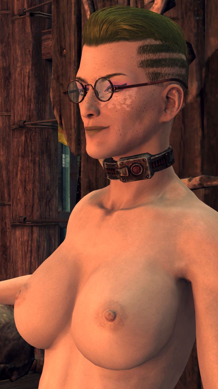 3d areolae big_breasts fallout fallout_76 female female_only glasses green_hair green_lipstick makeup odio_(original_character) original_character pip-boy screenshot