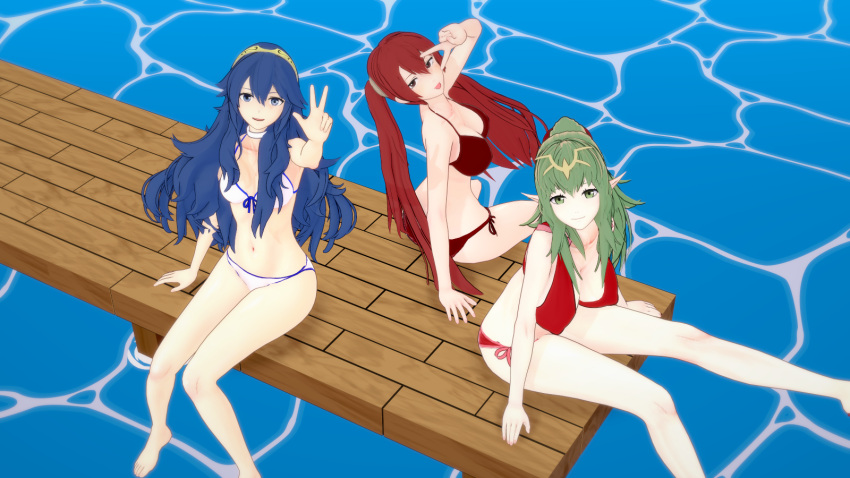 3d 3girls :p ass bare_legs bare_thighs big_ass bikini blue_eyes blue_hair breasts covered_nipples female female_only fire_emblem fire_emblem_awakening green_eyes green_hair koikatsu large_breasts legs long_hair looking_at_viewer looking_back lucina_(fire_emblem) medium_breasts mike_oxlong multiple_girls nintendo open_mouth outdoors pointy_ears ponytail red_bikini red_swimsuit severa_(fire_emblem) sitting small_breasts smile swimsuit symbol-shaped_pupils thighs tiara tiki_(adult)_(fire_emblem) tiki_(fire_emblem) tongue tongue_out twintails v white_bikini white_swimsuit