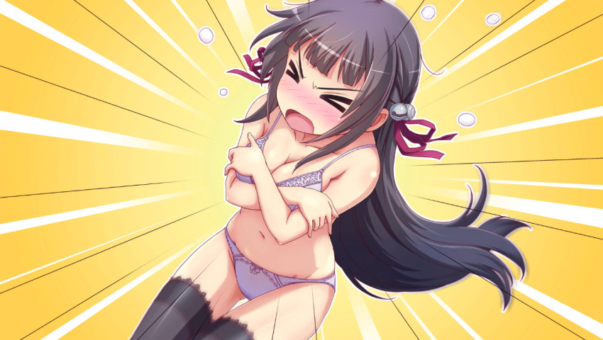 >_< 1girls big_breasts blush bow bra breasts brown_hair busty cleavage covering covering_breasts embarrassed female female_only gal_gun gal_gun_double_peace game_cg hairbow highres kamizono_shinobu large_breasts legs long_hair navel open_mouth panties screaming shinobu_kamizono sitting solo thighs underwear