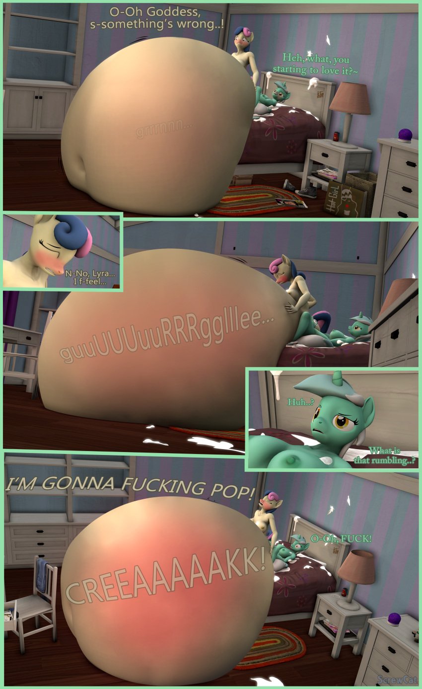 1futa 1girls anthro bed bedroom big_belly bonbon_(mlp) comic cowgirl_position cum cum_inflated_belly cumflated_belly cumflation dialogue earth_pony female friendship_is_magic futa_on_female futanari horsecock horsecock_futanari hyper_cumflation inflation lyra_heartstrings_(mlp) my_little_pony nude penis ready_to_pop reverse_cowgirl_position screwcat sex text unicorn