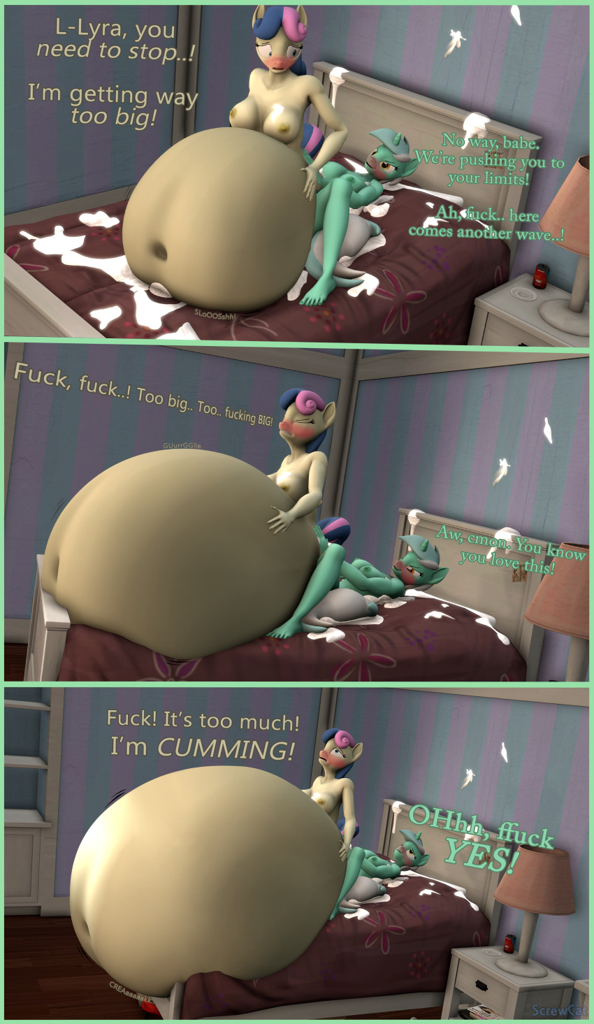 1futa 1girls anthro bed bedroom bonbon_(mlp) comic cowgirl_position cum cumflation dialogue earth_pony female friendship_is_magic futa_on_female futanari horsecock horsecock_futanari inflation lyra_heartstrings_(mlp) my_little_pony nude penis reverse_cowgirl_position screwcat sex text unicorn