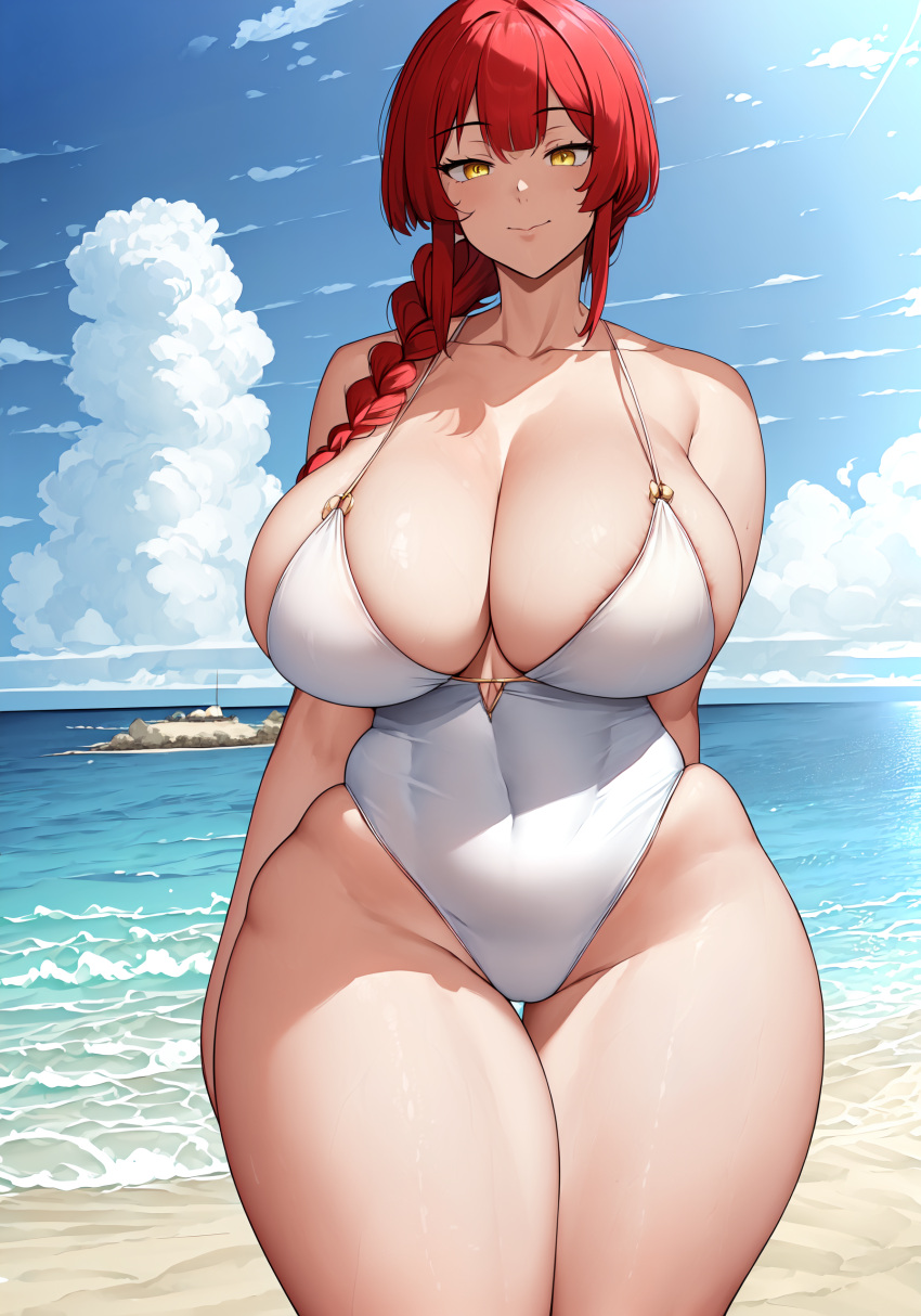 1girls ai_generated alternate_ass_size alternate_body_type alternate_breast_size alternate_version_at_source alternate_version_available arm_behind_back beach big_breasts big_thighs blue_sky breasts breasts_bigger_than_head chainsaw_man clouds day daytime detailed_background enormous_breasts enormous_thighs female female_focus female_only generic_ai giant_breasts gigantic_breasts hand_behind_back hand_on_thigh high_resolution highres huge_breasts huge_thighs human human_only hyper_thighs large_breasts large_thighs light-skinned_female light_skin long_hair looking_at_viewer makima_(chainsaw_man) massive_breasts massive_thighs oatmealdood panties pony_tail ponytail red_hair smile smile_at_viewer smiley_face smiling smiling_at_viewer solo solo_female solo_focus standing swimsuit thick thick_female thick_thighs thighs white_swimsuit yellow_eyes yellow_pupils