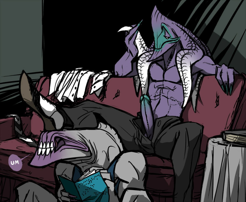 book clothed clothing duo erection furniture genitals humanoid male male_only menaceatrois monster not_furry open_mouth partially_clothed penis purple_body purple_skin raised_leg ramus relaxing sofa teeth tentacle teratophilia white_body white_skin