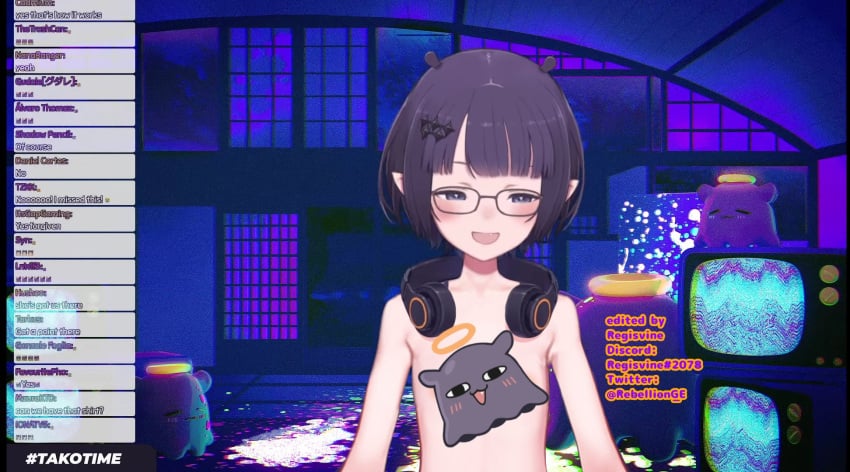 1girls accurate_art_style chat discord_tag fan_mascot_(vtuber) flat_chest glasses headphones hololive hololive_english hololive_myth light-skinned_female naked ninomae_ina'nis nude_edit regisvine2078 short_hair smiling tako_(ninomae_ina'nis) text virtual_youtuber