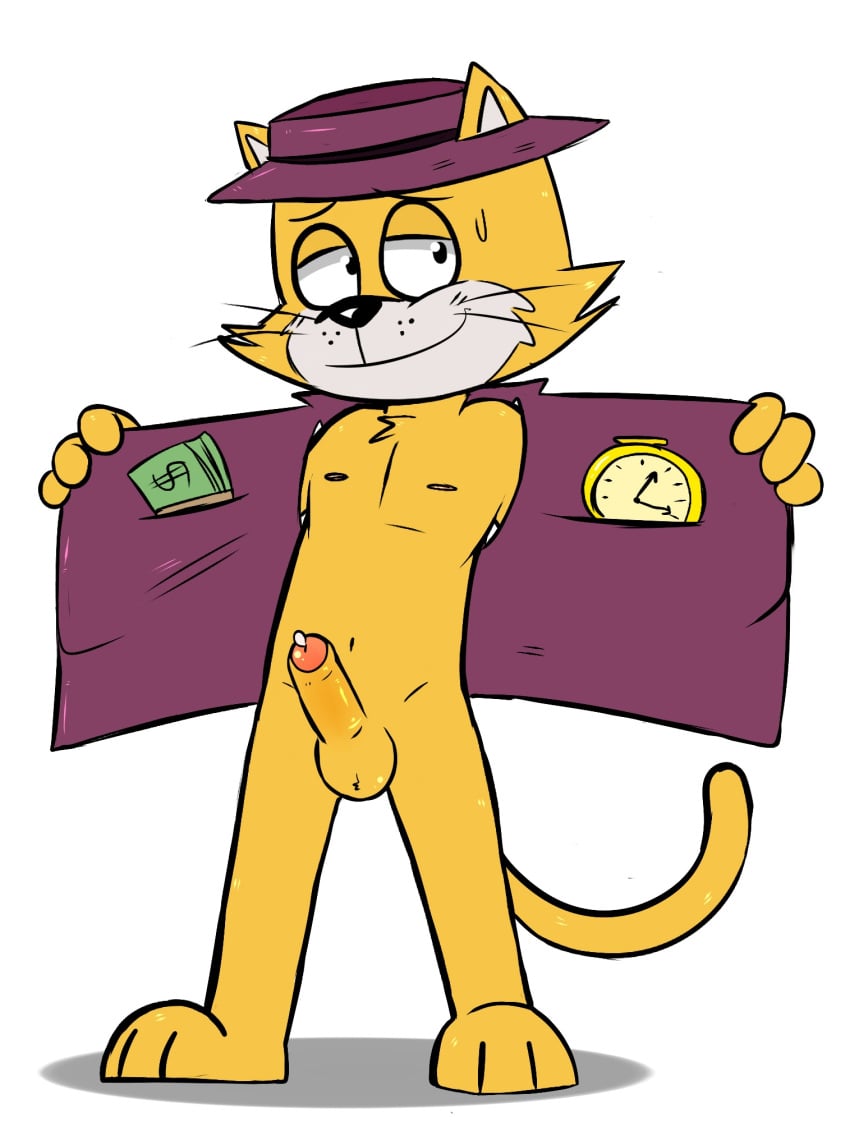 alternate_version_at_source anthro balls bodily_fluids clock clothed clothing domestic_cat erection felid feline felis flashing fur genital_fluids genitals hanna-barbera hat headgear headwear hi_res male mammal money penis precum presenting presenting_penis simplepossum solo top_cat top_cat_(series) topwear yellow_body yellow_fur