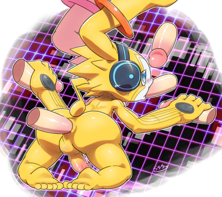 anal anthro appmon_(species) backsack balls bandai_namco digimon digimon_universe:_appli_monsters disembodied_penis dolphin_ofuro erection fellatio gangbang genitals group group_sex handjob headphones male male/male male_penetrated male_penetrating male_penetrating_male musimon oral penetration penile penis sex spitroast yellow_body