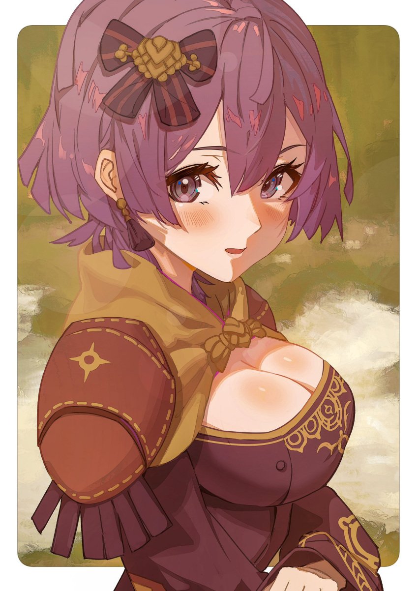 1girls alternate_breast_size bernadetta_von_varley blush bow breasts cleavage cleavage_cutout clothing_cutout earrings epaulettes female female_only fire_emblem fire_emblem:_three_houses gbbgb321 grey_eyes hair_ornament hairbow highres jewelry large_breasts long_sleeves looking_at_viewer nintendo open_mouth parted_lips post-timeskip purple_hair shiny_skin short_hair solo tassel tassel_earrings