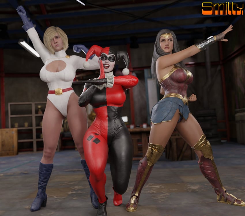 3d 3d_(artwork) 3girls annoyed_expression batman:_arkham_knight batman_(series) big_breasts blue_eyes bodysuit boots busty cleavage curvy curvy_figure dc dc_comics diana_prince digital_media_(artwork) eyebrows eyelashes eyes female female_only fully_clothed harley_quinn harley_quinn_(classic) harley_quinn_(injustice) heroine hourglass_figure injustice_2 kara_zor-l knee_boots large_breasts legs leotard light-skinned_female light_skin lips multiple_girls netherrealm_studios pose power_girl power_girl_(injustice) slim_waist smitty34 superheroine superman_(series) villain villainess wide_hips wonder_woman wonder_woman_(injustice) wonder_woman_(series)