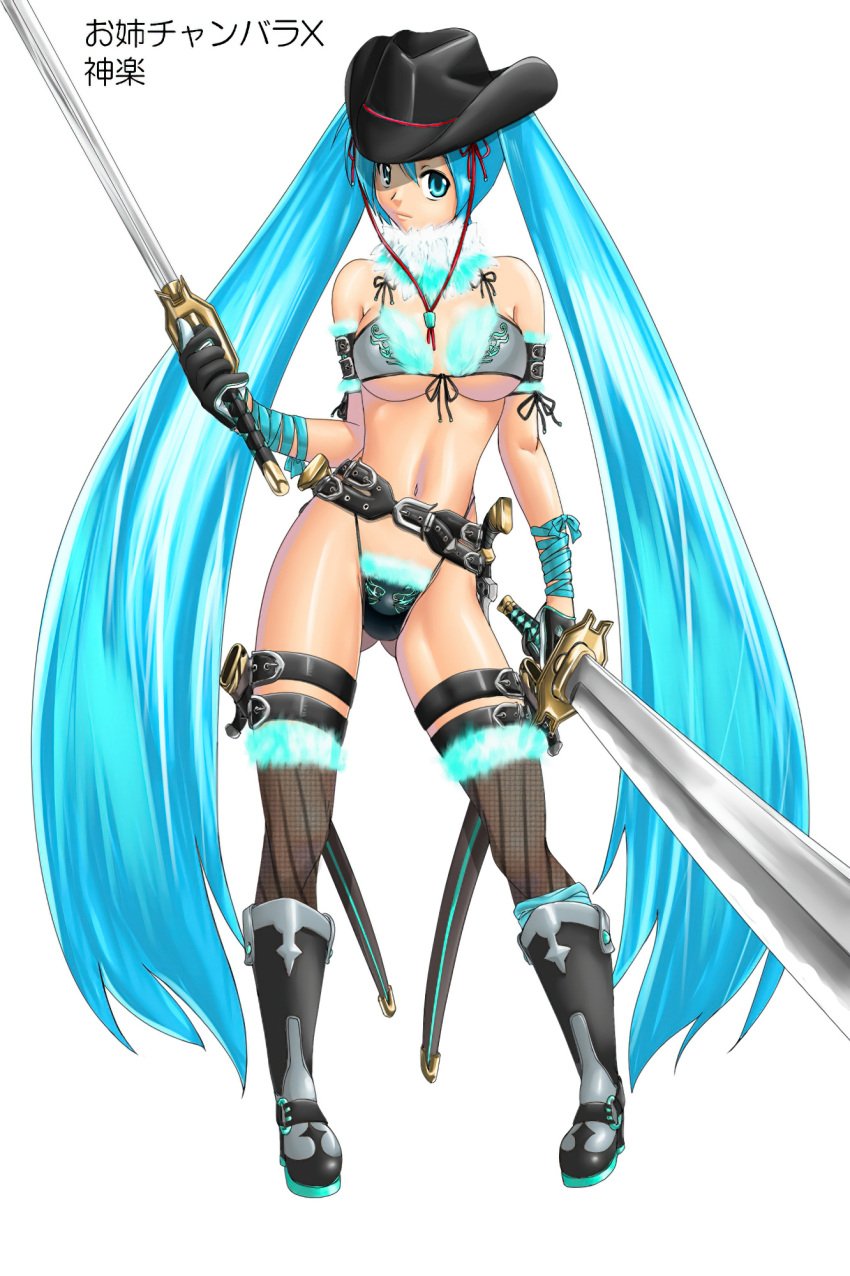 ai_upscaled aqua_eyes aqua_hair belt boots cowboy_hat female garters hat hatsune_miku holster judge_martin kagura_(oneechanbara) kagura_(oneechanbara)_(cosplay) long_hair navel oneechanbara scabbard sheath simple_background solo sword thigh_highs twintails very_long_hair vocaloid weapon white_background