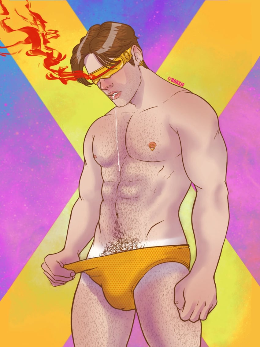 1boy abs bara biceps cyclops_(x-men) drooling ear_piercing earrings hairy_chest hairy_legs human human_only light-skinned_male light_skin looking_down male male_only marvel muscular muscular_male nipple_piercing pecs pubic_hair roasif scott_summers shirtless_male solo speedo superhero tanlines trunks uncensored x-men yaoi