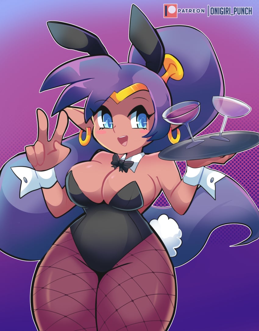 2023 blue_eyes breasts bunny_ears bunnysuit cleavage female female_only fishnets genie onigiri_punch peace_sign purple_hair shantae shantae_(character) thick_thighs thighs tied_hair waitress wayforward wide_hips wine_glass