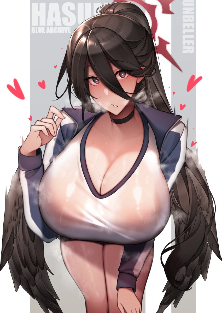 1girls artist_name black_hair blue_archive breasts character_name copyright_name female female_only halo hasumi_(blue_archive) hasumi_(gym_uniform)_(blue_archive) hi_res hips huge_breasts large_breasts light-skinned_female light_skin long_hair massive_breasts solo thick_thighs thighs unbeller wide_hips wings