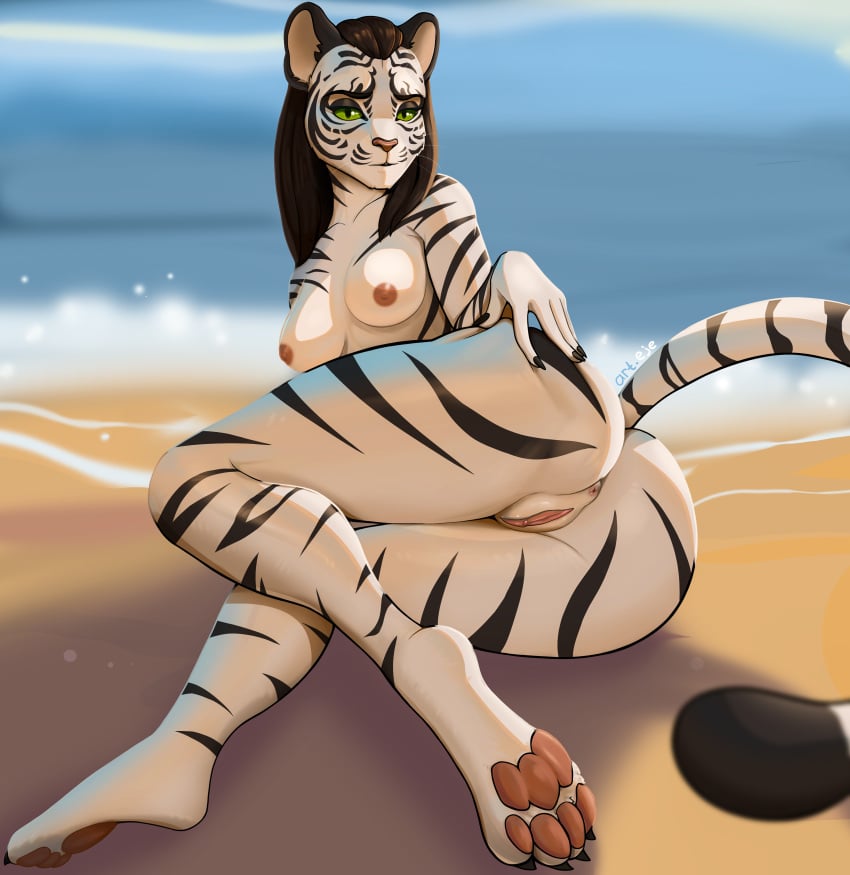 absurd_res anthro anus art.eje ass beach bethesda_softworks big_butt breasts brown_hair claws clitoris felid feline felis female fur genitals green_eyes hair hand_on_butt hand_on_own_butt hi_res khajiit looking_at_viewer lying mammal nipples nude on_side outside pawpads paws pussy sand seaside shivvra small_breasts solo striped_body striped_fur stripes tail tan_body tan_fur the_elder_scrolls white_body white_fur