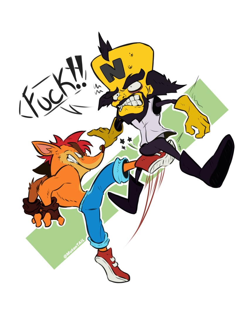 absurd_res activision angry anthro attack ballbusting bodily_fluids bulge clothing cock_and_ball_torture crash_(series) crash_bandicoot crotch_attack crotch_kick cruserbladezz doctor_neo_cortex duo fur genital_torture genitals grin hi_res human kick male male/male male_only mammal mutantail penis shocked shocked_expression smile sweat tight_clothing video_games