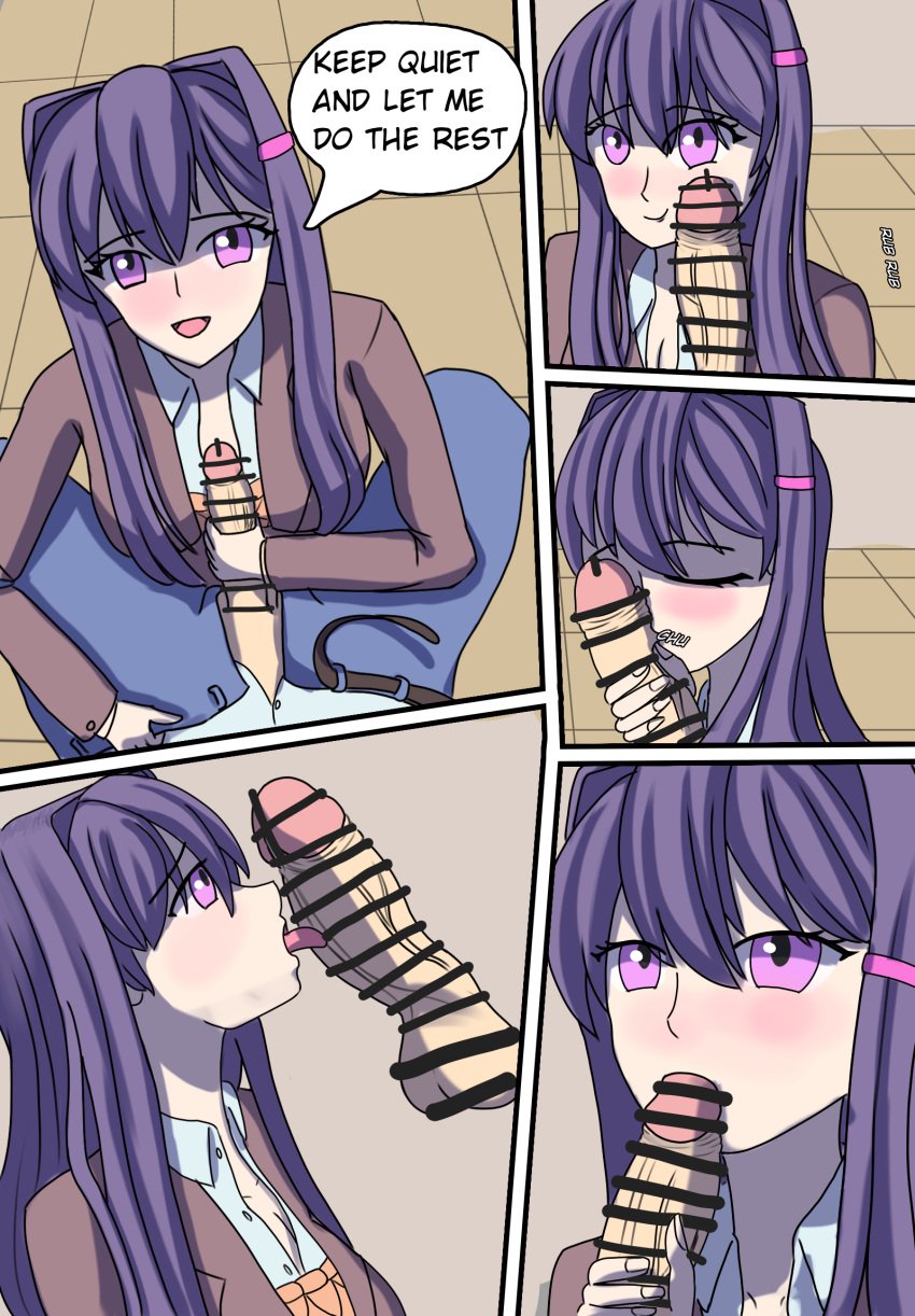 1boy 1girls big_breasts big_penis blush blushing breasts censored censored_penis closed_eyes clothing comic comic_page dialogue disembodied_penis doki_doki_literature_club english_text female_focus grabbing_penis hair_intakes hairclip hand_on_cock hand_on_penis handjob kiss kissing kissing_penis licking_penis mc_(doki_doki_literature_club!) moritaris oral penis_on_face purple_eyes purple_hair school_uniform schoolgirl smile speech_bubble text text_bubble tongue tongue_out yuri_(doki_doki_literature_club)