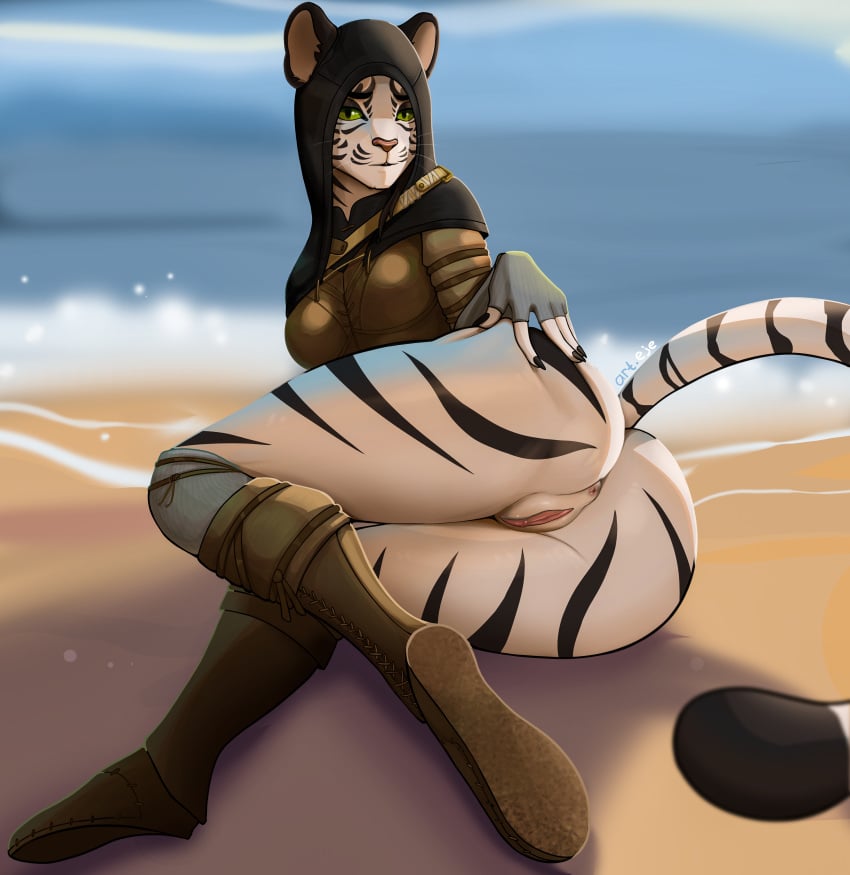 absurd_res anthro anus art.eje ass beach bethesda_softworks big_butt bottomless brown_hair claws clitoral_hood clitoris clothed clothing felid feline felis fur genitals green_eyes hair hand_on_butt hand_on_own_butt headgear headwear hi_res hood khajiit leather leather_clothing legwear looking_at_viewer lying male mammal mostly_clothed on_side outside pawpads paws pussy sand seaside shivvra solo striped_body striped_fur stripes tail tan_body tan_fur the_elder_scrolls white_body white_fur