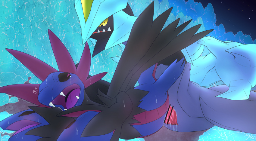 black_kyurem blue_body blush bodily_fluids censor_bar censored claws digital_media_(artwork) dragon duo female female_penetrated feral feral_only generation_5_pokemon genital_fluids genitals grey_body hydreigon ineffective_censorship kyurem legendary_pokemon male male/female male_penetrating male_penetrating_female netiel nintendo nude open_mouth penetration penile penile_penetration penis pokemon pokemon_(species) scalie sex sweat teeth unavailable_at_source vaginal_penetration yellow_eyes