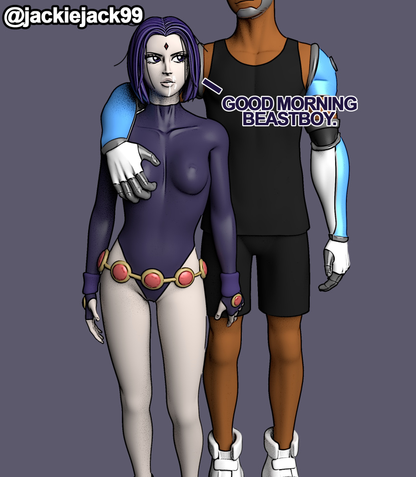 1boy 1girls 3d cuckold cum_on_face cyborg cyborg_(dc) dark-skinned_male dark_skin dc dc_comics english_text female grabbing_breasts interracial jackiejack99 male netorare ntr pale_skin purple_hair rachel_roth raven_(dc) simple_background tank_top teen_titans text