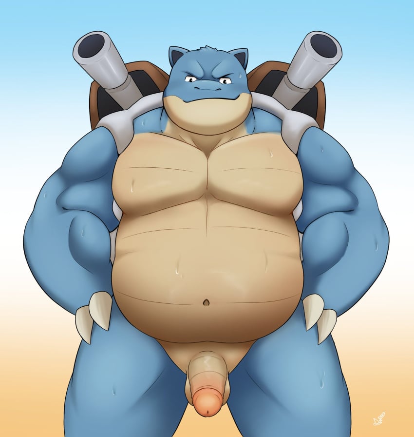 anthro ball balls blastoise blue_body bodily_fluids cannon_shell clothing danipika generation_1_pokemon genitals grin hi_res male male_only multicolored_body musclegut muscular muscular_anthro muscular_male navel nintendo nude pecs penis pokemon pokemon_(species) reptile scalie shell signature smile solo sweat swimming_trunks swimwear tortoise turtle yellow_body