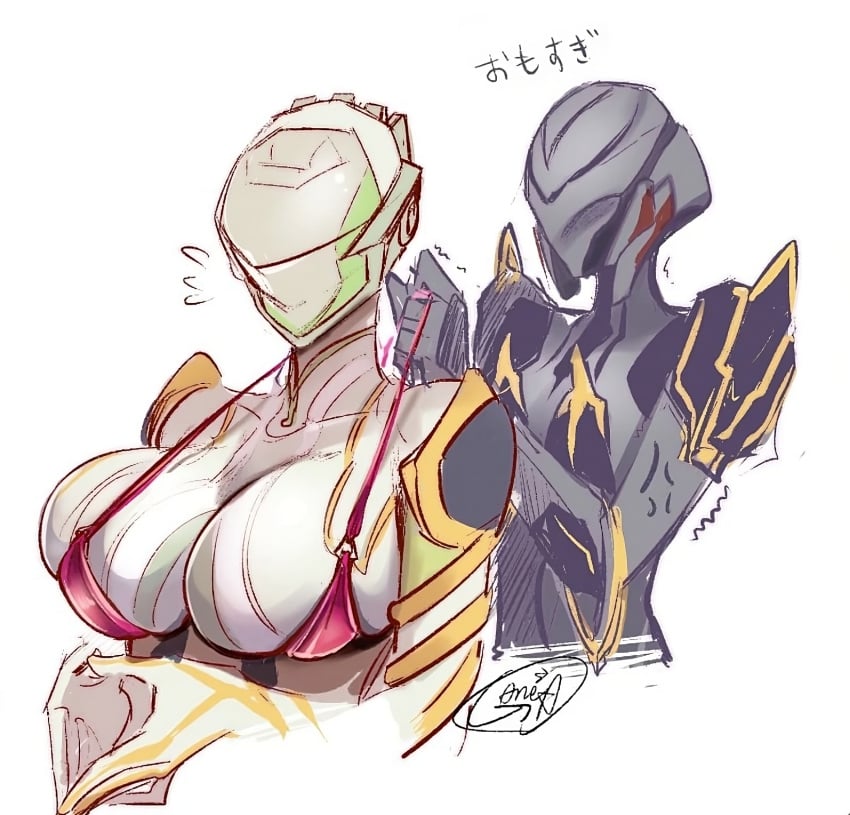 2girls bikini_top breasts cleavage female female_only ganeta2_yktako huge_breasts japanese_text large_breasts mag_(warframe) simple_background trinity_(warframe) upscaled warframe white_hair