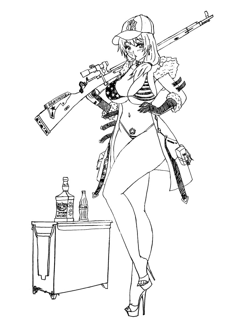 american_flag_bikini baseball_cap chewing_gum coat coke-bottle_glasses collar girls'_frontline gun high_heel_sandals large_breasts liquor_bottle monochrome mosin-nagant_(girls'_frontline) national_personification side_ponytail thick_thighs wide_hips