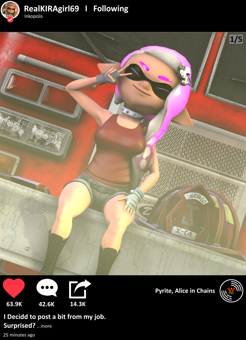 fire_truck firefighter helmet kira_mahi lukas_3127 pink_hair splatoon tank_top