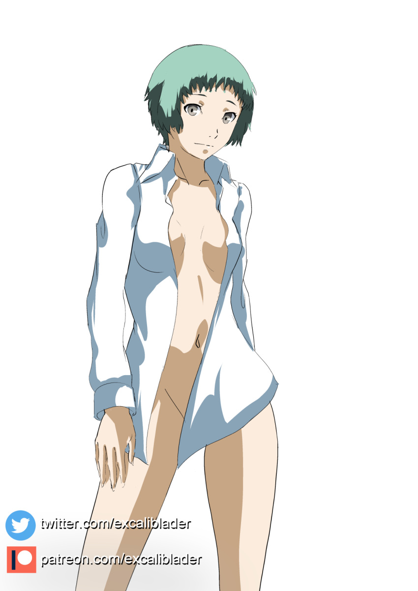 atlus blue_hair excaliblader female fuuka_yamagishi grey_eyes inner_sideboob looking_at_viewer megami_tensei open_shirt persona persona_3 shirt_only standing