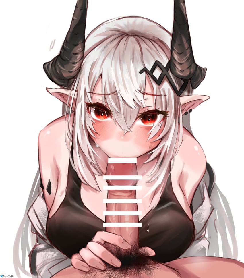 absurdres arknights bar_censor black_sports_bra blush breasts censored fellatio female ffrouty_aiz hair_ornament highres horns large_breasts long_hair looking_at_viewer male_pubic_hair motion_lines mudrock_(arknights) oral oripathy_lesion_(arknights) penis pointy_ears pubic_hair red_eyes simple_background solo_focus sports_bra straight upper_body very_long_hair white_background white_hair