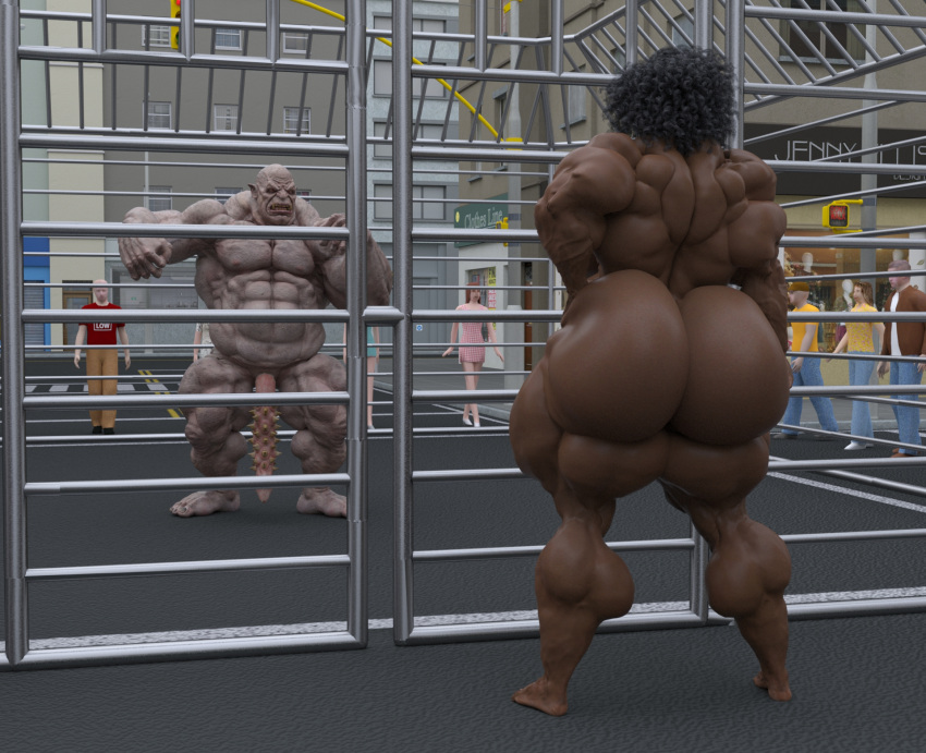 1boy 1futa 3d barefoot big_ass big_breasts big_butt cage casual_exposure casual_nudity completely_nude dark-skinned_female daz_studio dickgirl duo_focus dzcelestial3d exhibitionism feet fighting_stance flexing futa_giantess futa_with_male futanari giantess group gynomorph human hyper hyper_muscles hyper_penis implied_futanari intersex lips male mini_giantess monster monster_cock muscular non-humanoid_penis nude nude_futanari nude_male ogre outside smug